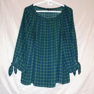Off The Shoulder Talbots Green and Blue Plaid Blouse